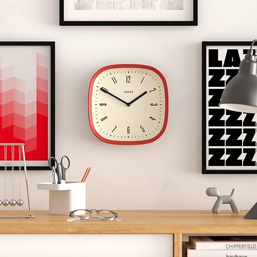 Miniatura 3 de JONES CLOCKS Reloj de pared Marvel Reloj cuadrado redondo retro 10 pulgadas Rojo Aspecto de diseñador genial para cocina, sala de estar u oficina