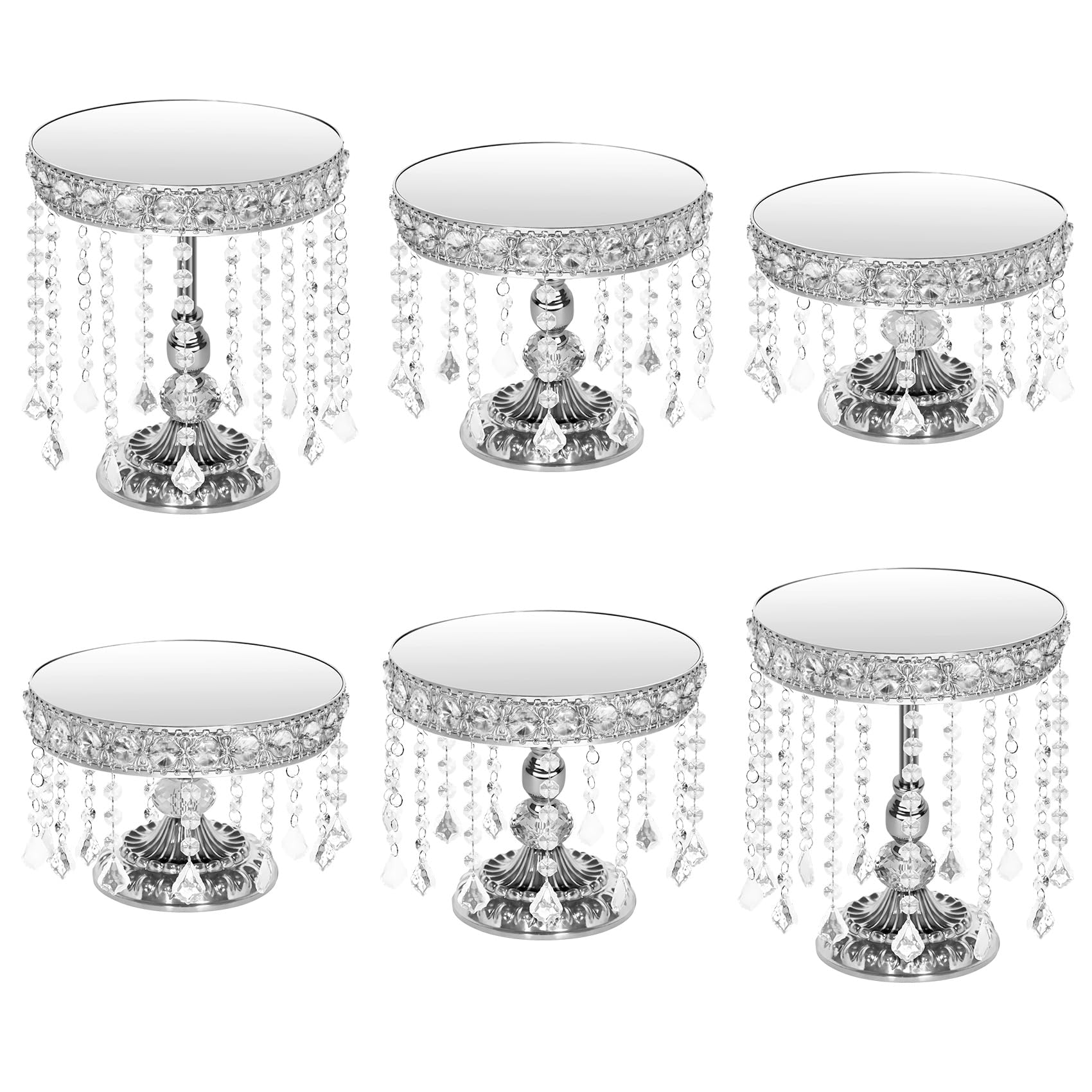 Photo 1 of [CRACKED] PIQUATOOL 6 Piece Silver Cake Stand Set with Crystal, Mirror Silver Dessert Table Stands Set for Cupcake, Pastry, Round Cake Stands for Wedding Reception, Party(Mirror Silvery)