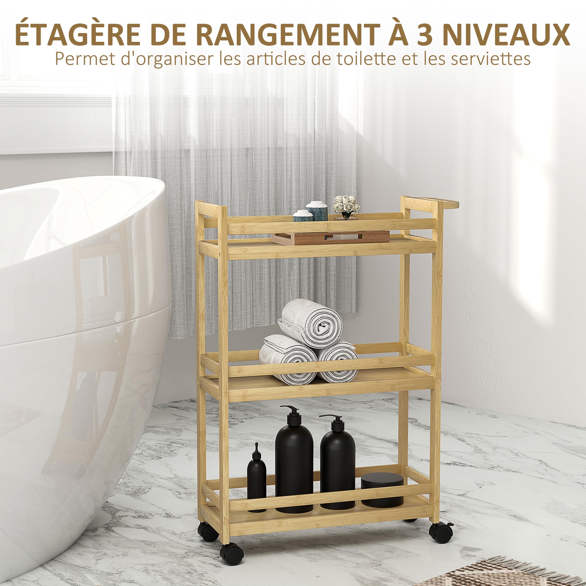 HOMCOM Étagère de Rangement de Salle de Bain en Bambou à 3 Niveaux, Chariot de Rangement, Meuble Salle de Bain avec roulettes pour Cuisine, Salle de Bain, Salon, dim. 55 x 20 x 75 cm - Naturel