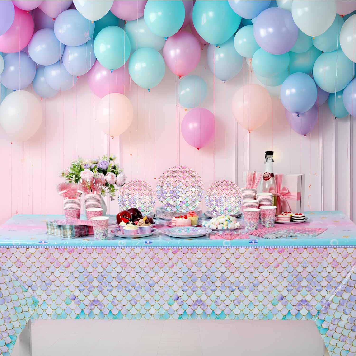 403 Pcs Mermaid Birthday Party Decoration for 50, Mermaid Paper Plates Napkins Cups Tablecloth Cutlery Banner Under the Sea Tableware Set for Baby Shower Ocean Birthday Party Supplies