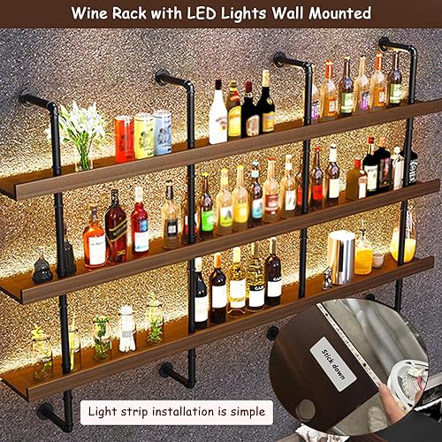 Miniatura 7 de Estante de vino grande con luz LED, estante de vino montado en la pared de madera maciza, botellas de licor de 3 niveles, estantes flotantes,