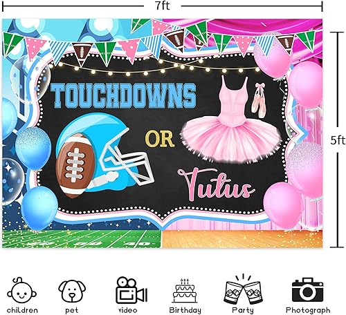Miniatura 4 de Ufeela Touchdowns o tutus Gender Reveal telón de fondo 7 pulgadas de ancho x 5 pies de alto, tela de poliéster, rosa, azul, fútbol americano,