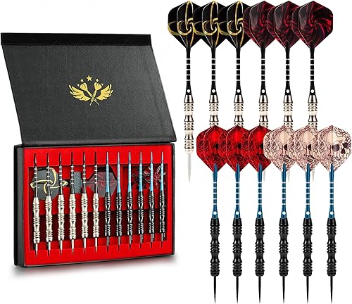 Miniatura 43 de ADKX - Juego de 12 dardos de punta de acero con barril de hierro antideslizante, ejes de dardos de aluminio y vuelos + sacapuntas de dardos + una