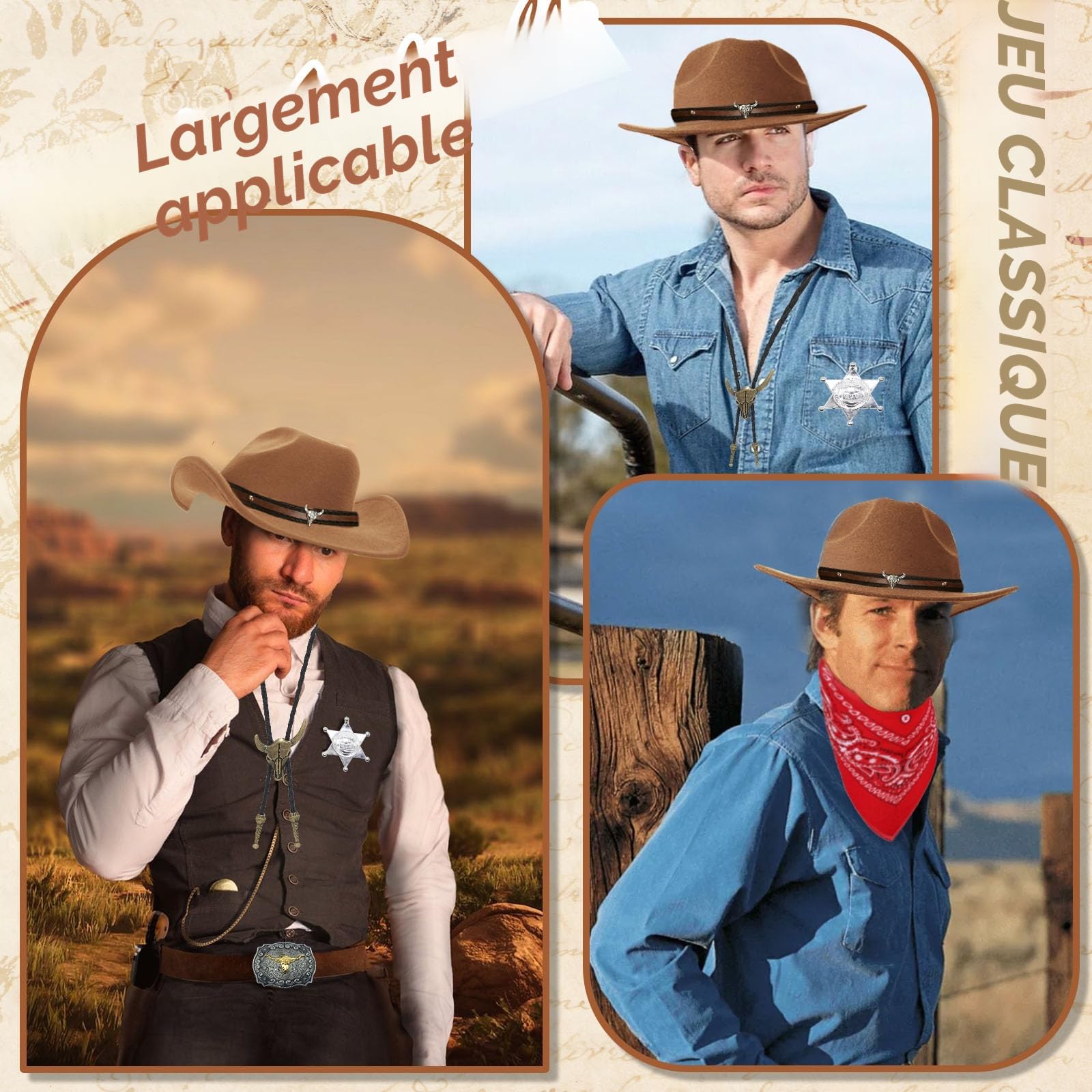 8 Pièces Cowboy Costume Accessoires Set, Marron Cowboy Fancy Dress Kit avec Chapeau Bandana Insigne Ceinture Collier Vintage pour Adulte Hippie Carnaval Cosplay (Marron)