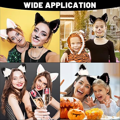Miniatura 4 de Whaline 3 diademas de orejas de gato con collar de gargantilla, color blanco y negro, banda de pelo de orejas de gato peludas con campana de lazo de