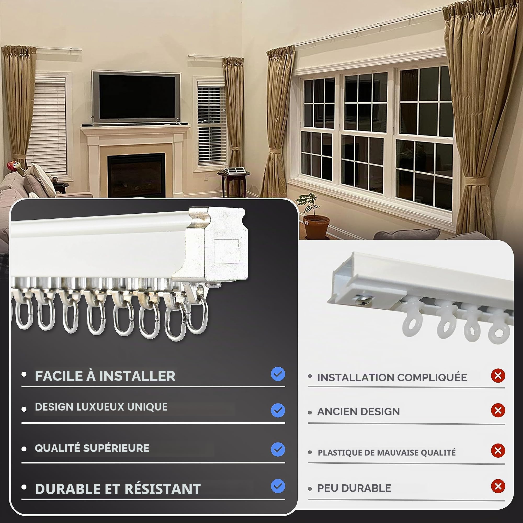 Rail de rideau de 2 mètres, rail de plafond pour rideaux, système de rails de rideaux à fixation murale ou plafond,Séparateur de pièce,Rail de rideau de plafond pour salon, chambre à coucher, douche