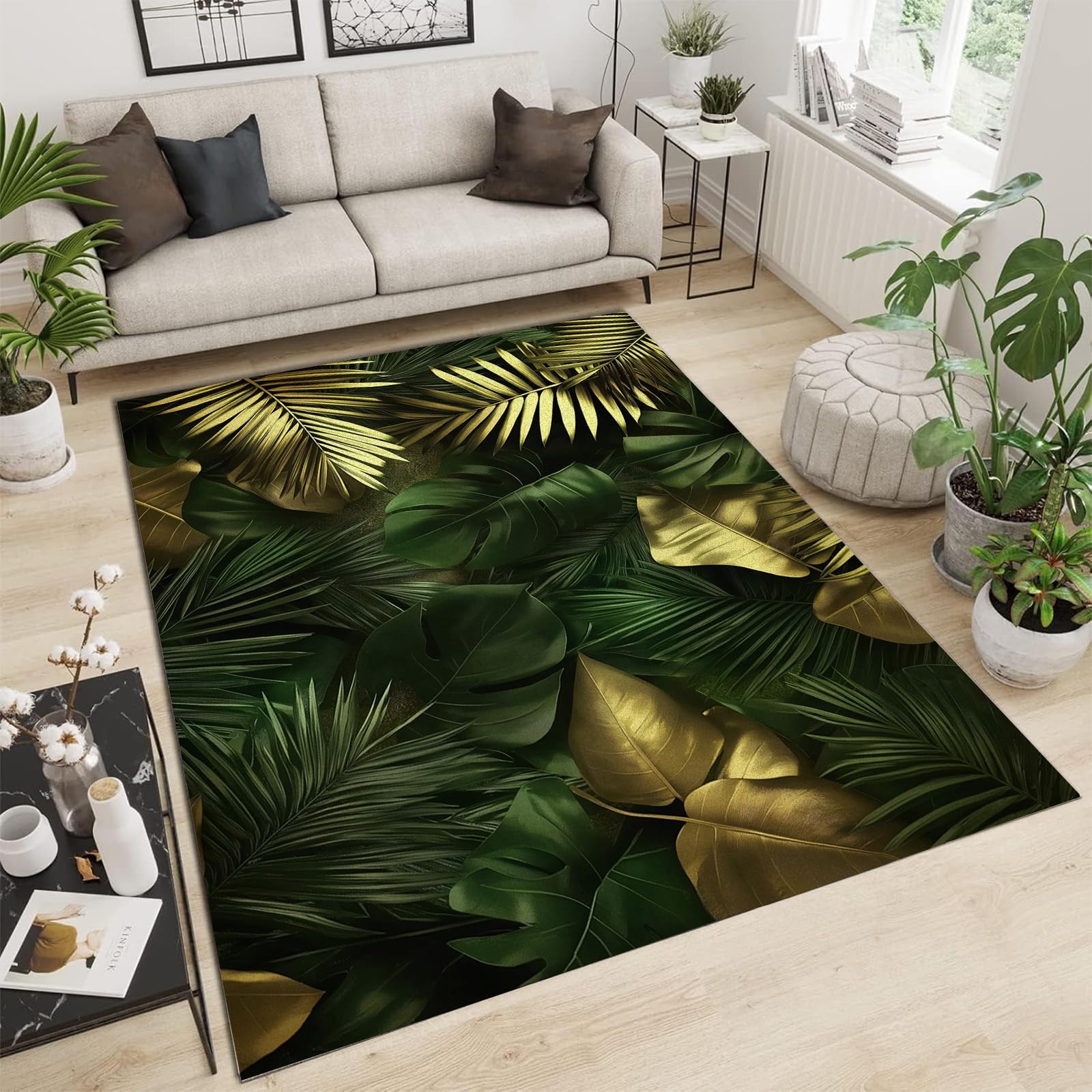 Tapis de salon feuilles dorées lavable et doux pour chambre vintage