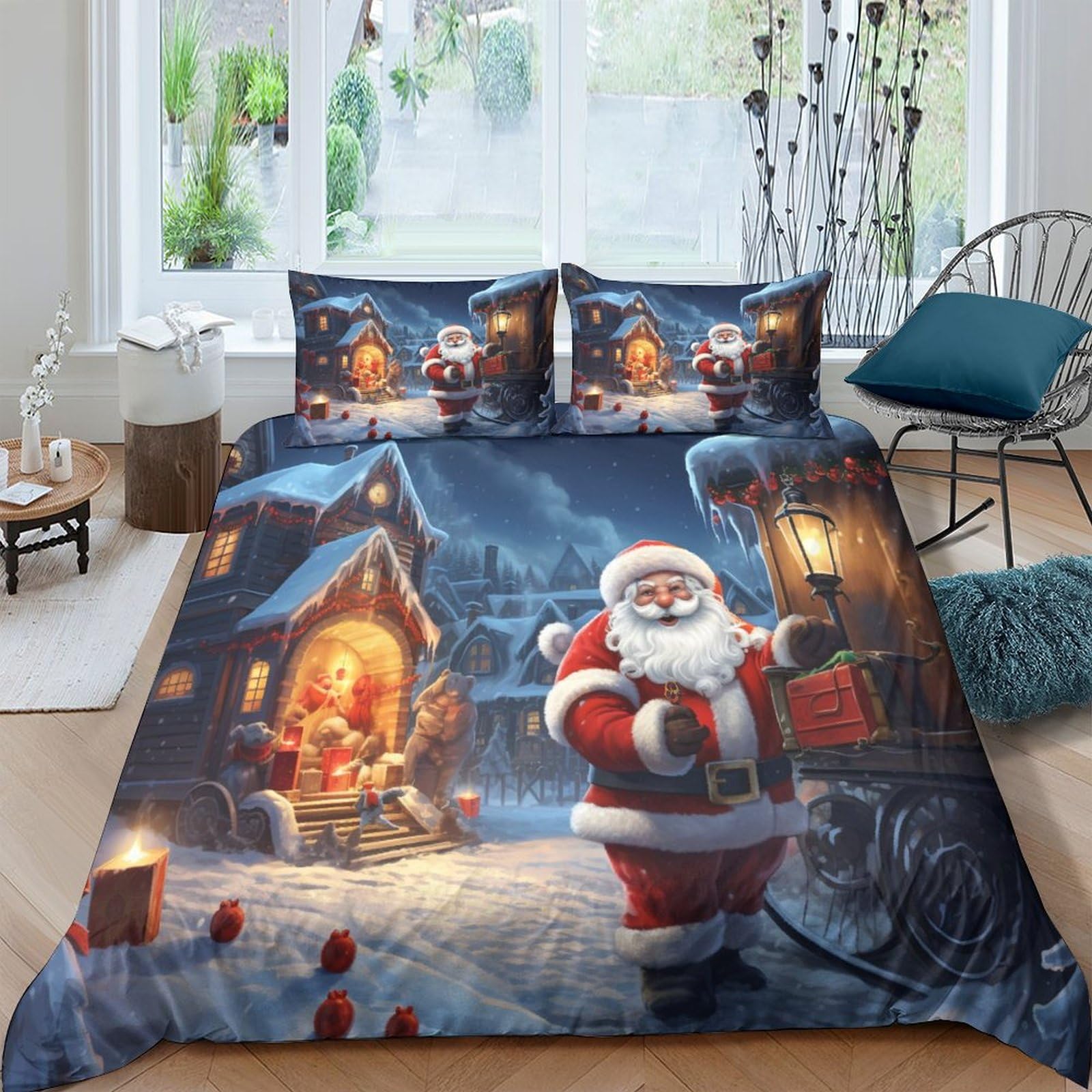 Housse de couette Père Noël 3 pièces multicolore pour grand lit King