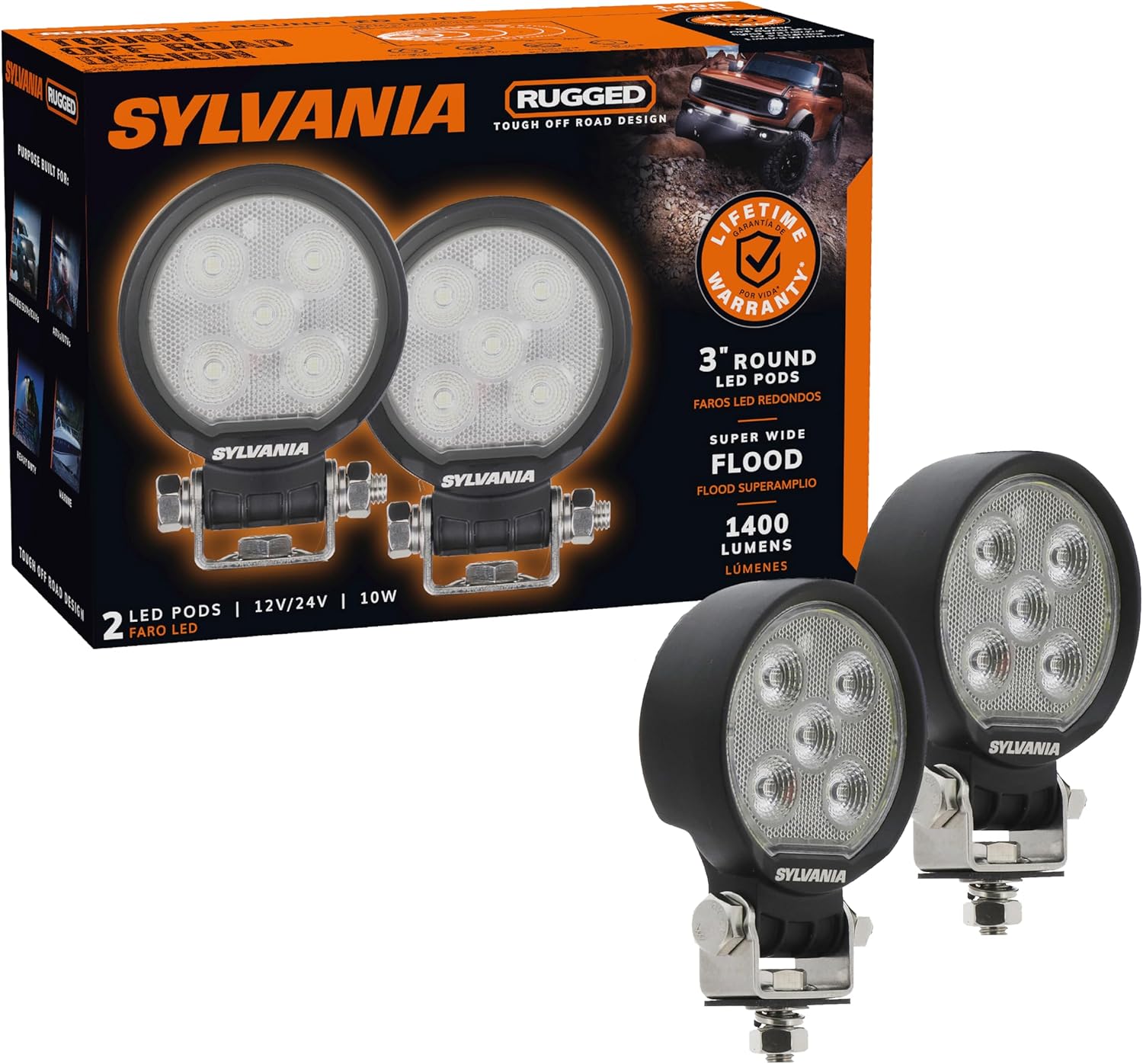 Sylvania Rugged 3 Inch Round LED Light Pods | Lifetime Limited Warranty | Flood Light 1400 Raw Lumens, Off Road Driving Work Light, Truck, Boat, Tractor, ATV, UTV, SUV, 4x4 (2 PC)