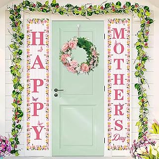 71 x 12 Inches Happy Mother's Day Door Banner Porch Sign for Doorway Yard, Floral Tulips Butterflies and Stripes Theme Decor, Outdoor Indoor Front Door Wall Large Hanging Welcome Sign Party Decoration