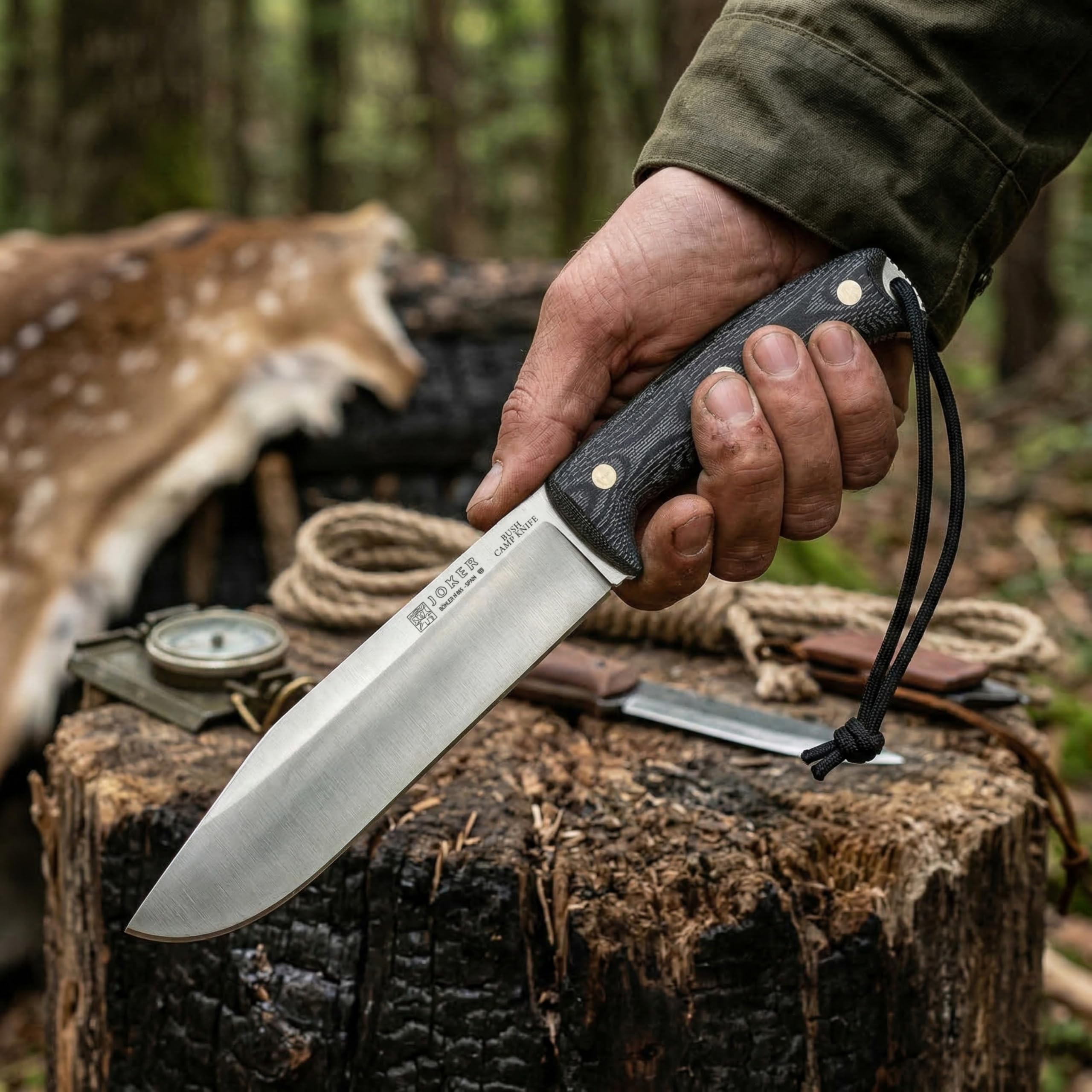 Joker CM146 Bush Camp Knife Survivalmesser 20 cm Böhler N695 Stahl, Full Tang Bushcraft Messer mit Micarta Griff, Lederscheide und Paracord 550, hergestellt in Albacete Spanien