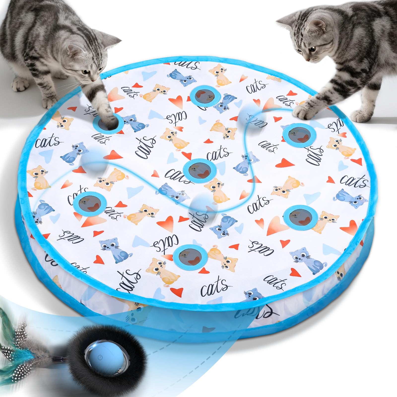 Zeepet Katzenspielzeug für drinnen, interaktives Ballspielzeug mit 7 Löchern, Labyrinthmattenbeutel, automatisches bewegliches Versteckspiel mit Federschwanz, Mäusefangspiel, Geschenke für Katzen