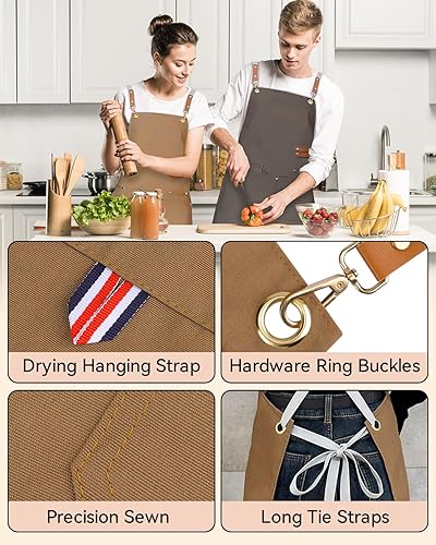 Miniatura 6 de Teskyer Delantal de cocina con bolsillos, resistente al agua y aceite, delantales de lona con espalda cruzada para hombres y mujeres chef servidor