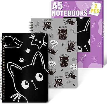 Xqumoi 2Pack A5 Funny Black Cat Spiral Notebooks - Crazy Cute Cat Ruled Lined Journal, Writing Hardcover Notebooks, Back to School Supplies, Office Supplies, Cat Lover Gift