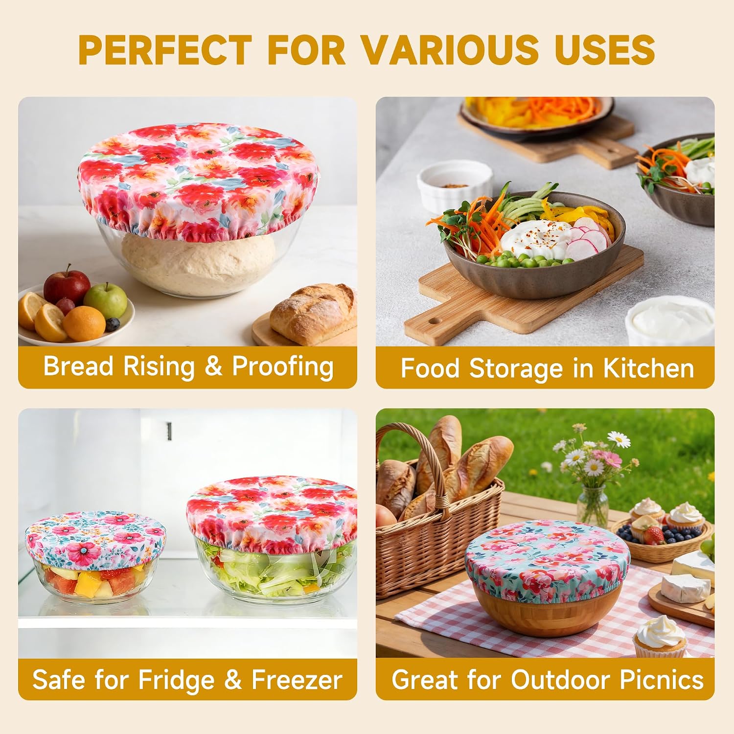6 Pcs Reusable Bowl Covers for Bread Proofing 8/10/12 Inch Large Sourdough Elastic Bowl Covers for Dough Proofing, Food Storage & Mixing Bowls, Washable Polyester