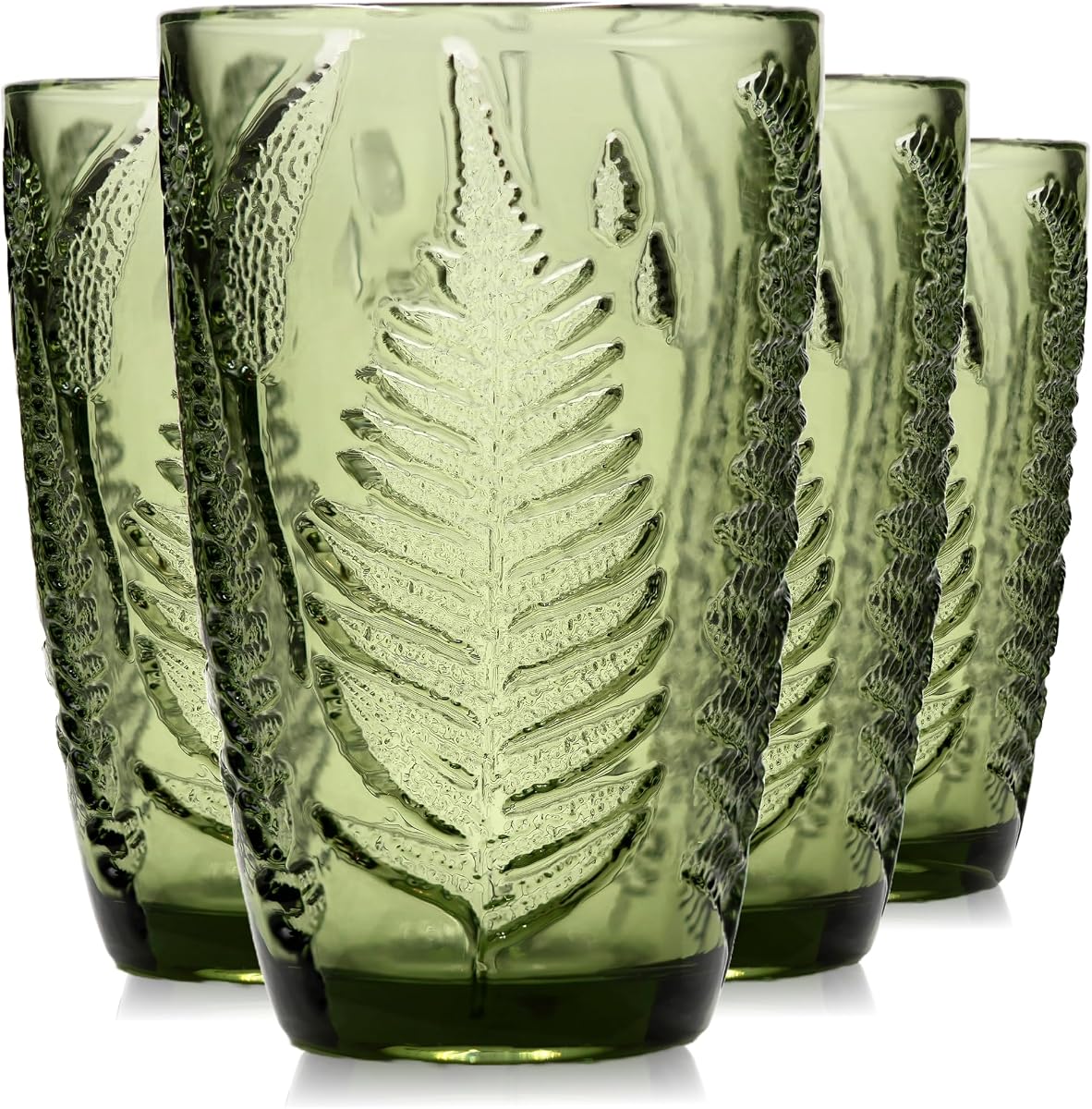 Juego de vasos verdes de 4 vasos de vidrio de 12 oz, cristalería de helecho vintage | Prensado a mano, apto para lavavajillas, vasos con textura de hoja boho, vasos de bolas altas en relieve para agua, regalo de cocina retro