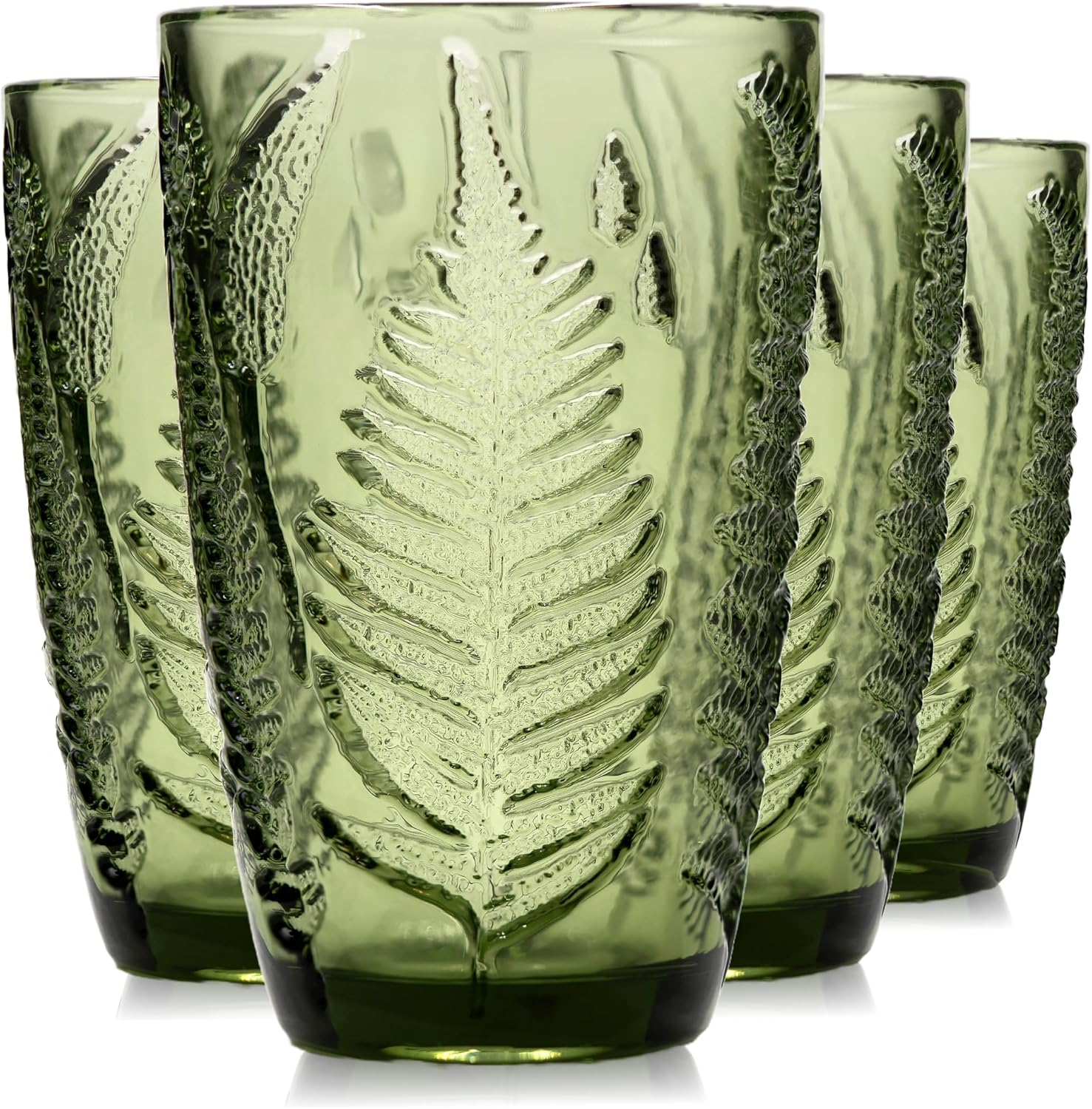 Green Drinking Glasses Set of 4, 12 oz Hand-Pressed Vintage Drinking Glasses, Deep Textured Antique Glassware, Fern Embossed Highball Tumblers, Colored Boho Glass Cups, Retro Style Drinkware Gift Set