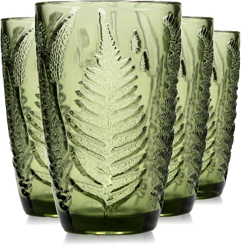 Green Drinking Glasses Set of 4, 12 oz Glass Cups, Vintage Fern Glassware | Hand-Pressed, Dishwasher Safe, Boho Leaf-Textured Drinkware, Embossed Highball Tumblers for Water, Retro Kitchen Gift