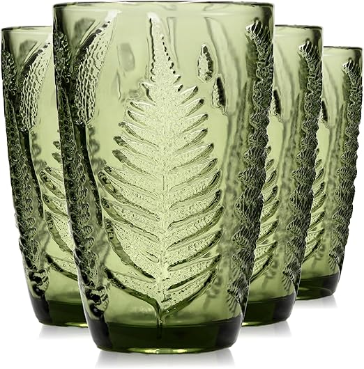 Green Drinking Glasses Set Of 4-12 Oz Hand Blown Vintage Drinking Glasses, Boho Aesthetic Antique Glassware, Colored Cute Glass Cups, Textured Highball Water Tumbler, Unique Retro Drinkware Gift