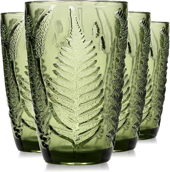 Green Drinking Glasses Set Of 4-12 Oz Hand Blown Vintage Drinking Glasses, Boho Aesthetic Antique Glassware, Colored Cute Glass Cups, Textured Highball Water Tumbler, Unique Retro Drinkware Gift