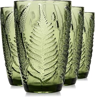 Green Drinking Glasses Set Of 4-12 Oz Hand Blown Vintage Drinking Glasses, Boho Aesthetic Antique Glassware, Colored Cute Glass Cups, Textured Highball Water Tumbler, Unique Retro Drinkware Gift