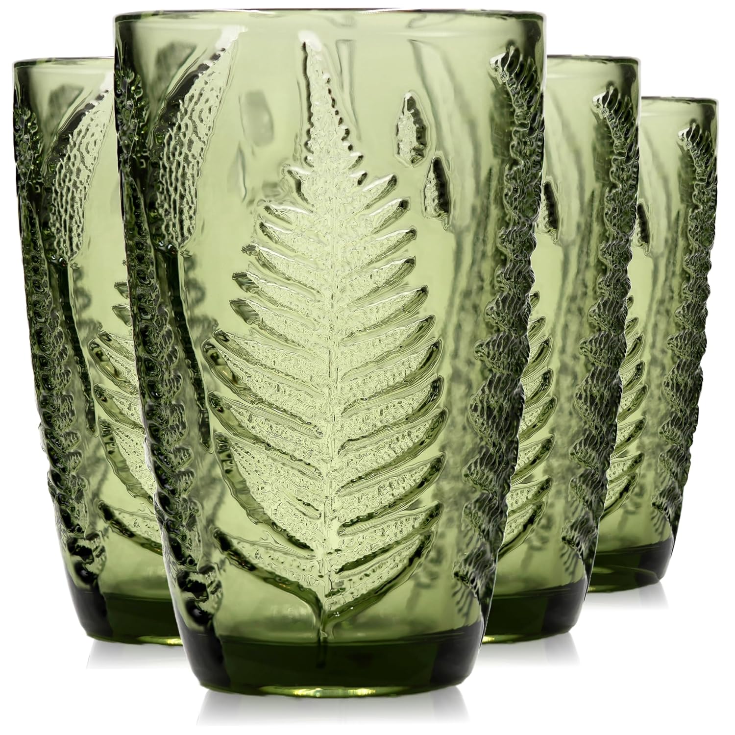 Green Drinking Glasses Set of 4 12 oz Hand-Pressed Vintage Drinking Glasses Deep Textured Antique Glassware Fern Embossed