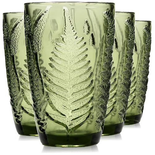 Green Drinking Glasses Set of 4, 12 oz Hand-Pressed Vintage