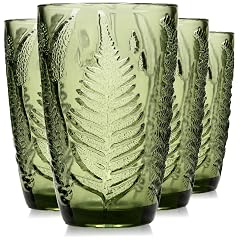 Green Drinking Glasses Set of 4 12 oz Hand-Pressed Vintage Drinking Glasses Deep Textured Antique Glassware Fern Embossed