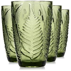 Green Drinking Glasses Set of 4 12 oz Hand-Pressed Vintage Drinking Glasses Deep Textured Antique Glassware Fern Embossed