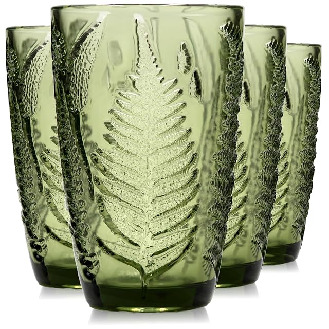 Green Drinking Glasses Set of 4 12 oz Hand-Pressed Vintage Drinking Glasses Deep Textured Antique Glassware Fern Embossed