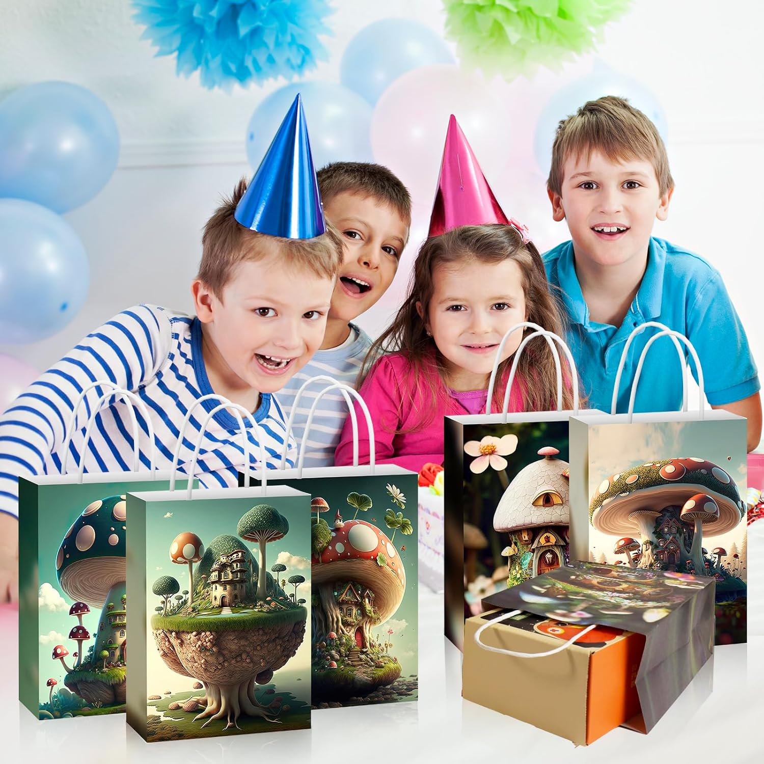 paeyaer 12-Packs Mushroom Gift Bags with Handles - 6 Different Fairy House Kraft Paper Bags - Perfect as Goodie Bags, Birthday Gift Bag, Jungle Party - Image 4