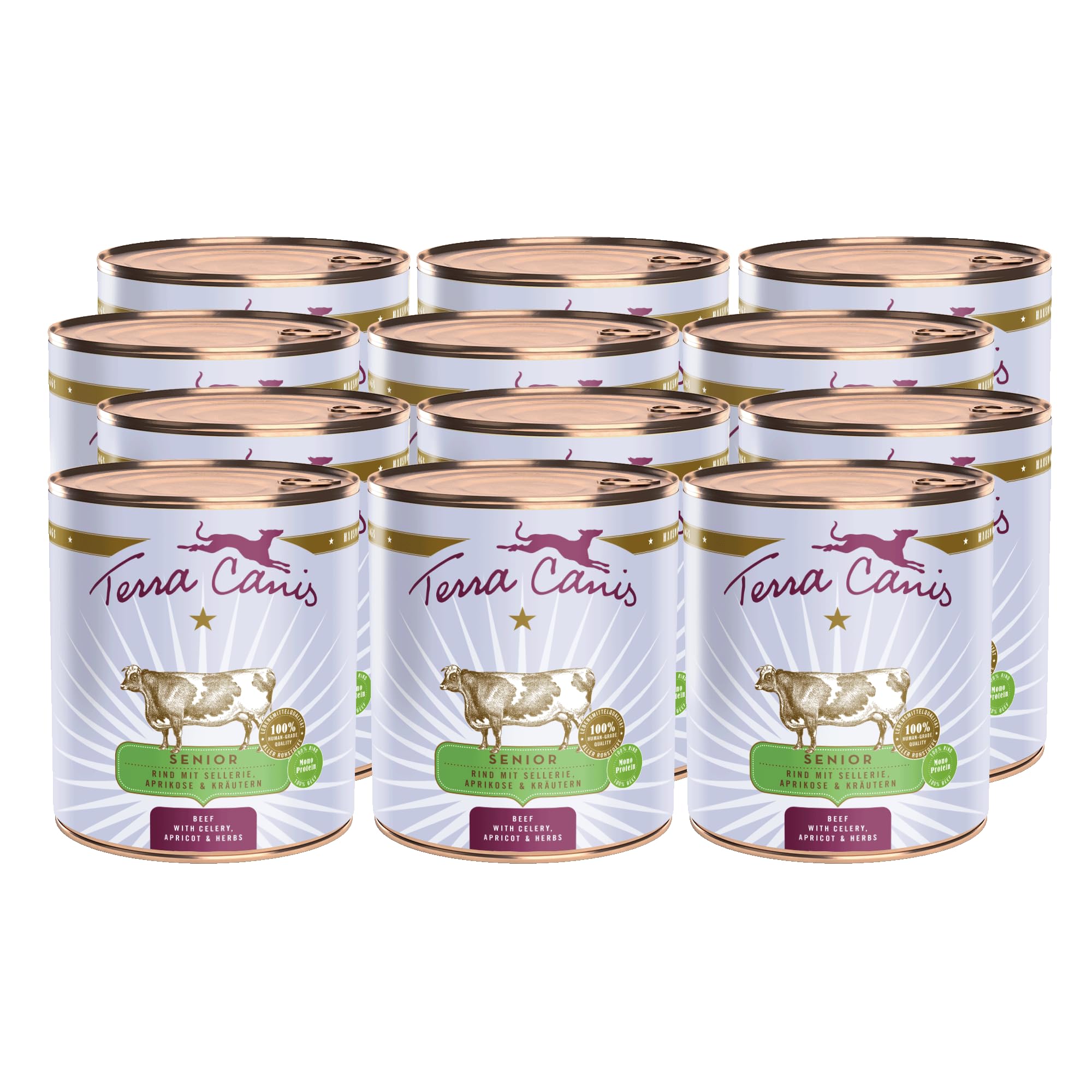 Terra Canis Manzo con sedano, cibo umido Senior per cani, 12x800g | Materie prime di qualità alimentare al 100%, con erbe salutari, ricetta adatta all'età, povero di allergeni e cereali