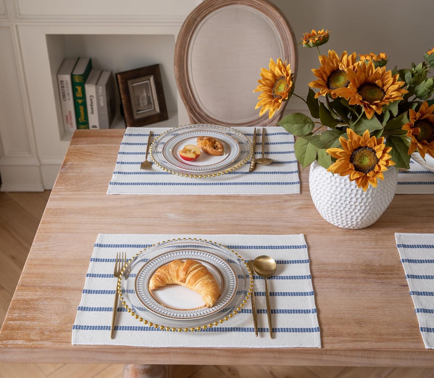 Caflife Boho Farmhouse Placemats Set of 6, Blue Stripes Cotton Linen Woven Table Mats for Modern Dining Table, 13x19 Inch Rustic Kitchen Decor Place Mats