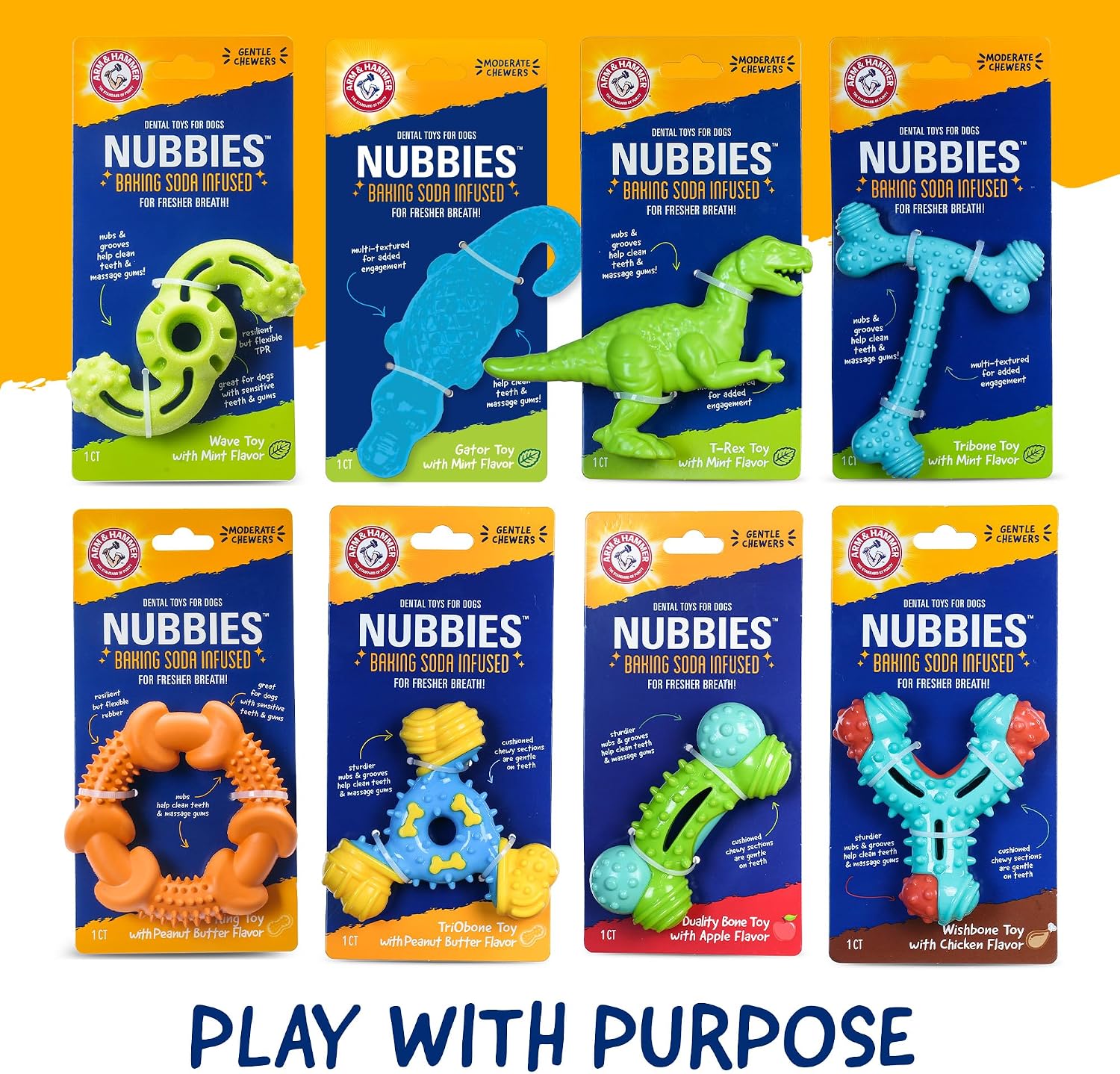 Arm & Hammer Nubbies Wishbone Dog Dental Chew Toy for Dogs, Moderate Chewers, Chicken Flavor, Nylon and TPR, Baking Soda Infused, Reduces Plaque and Tartar, No Stuffing - 24 Pack