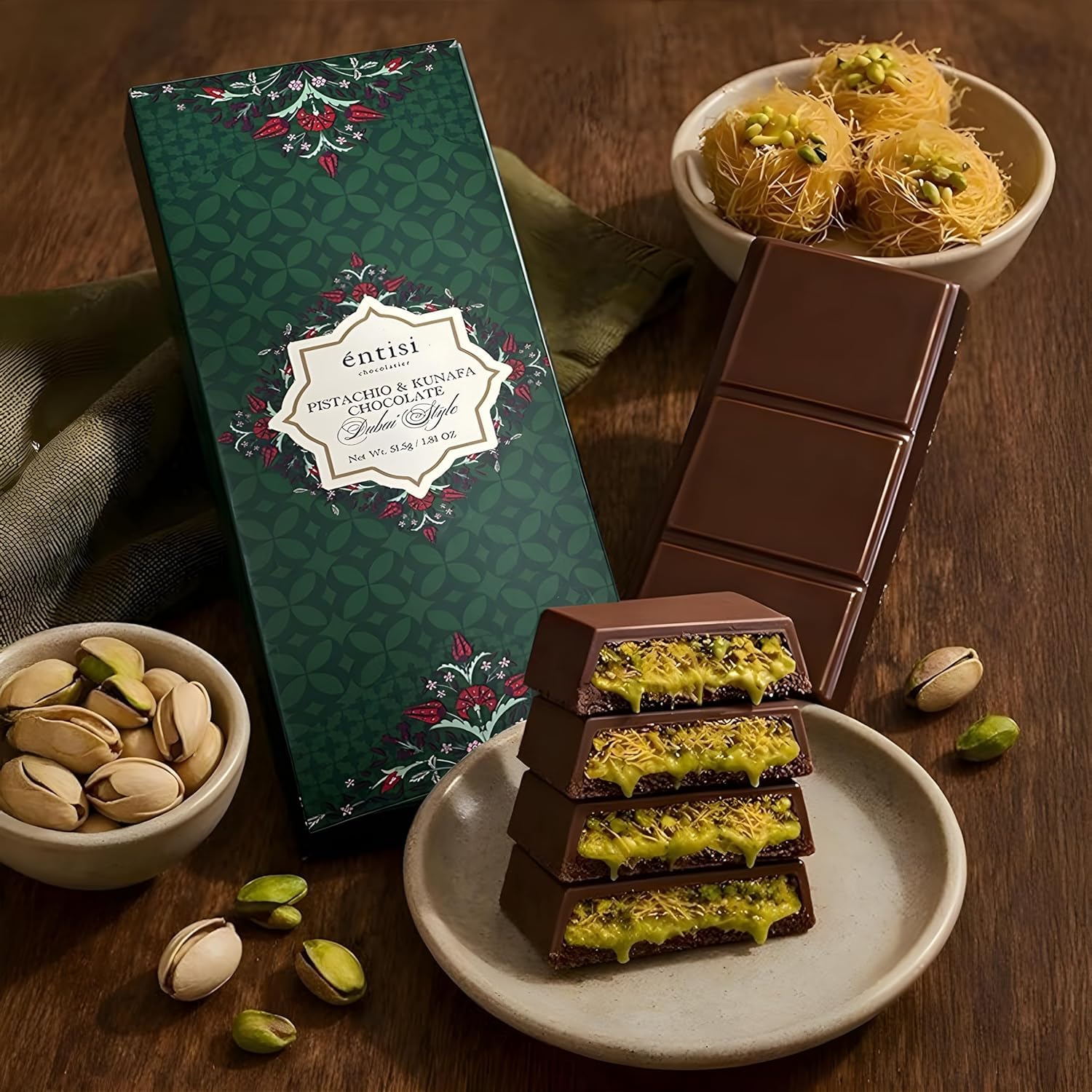 ENTISI Kunafa Chocolate Bar Dubai - Crunchy Kunafa Layers & Smooth Pistachio Cream in Rich Milk Chocolate, Middle Eastern Sweets, 51g, Perfect for Gifting & Dessert-picture-11