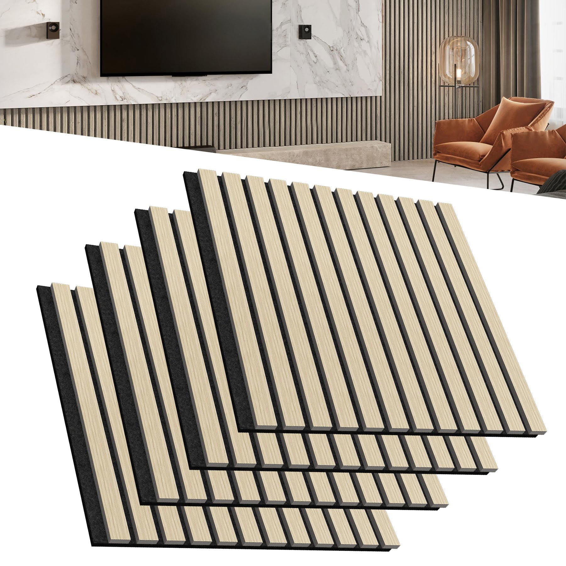 LZQ Lot de 4 panneaux acoustiques en bois véritable - Placage mural - 60 x 60 cm - Panneaux muraux à lamelles - Isolation acoustique - Décoration murale pour salon, couloir, bureau - Couleur bois