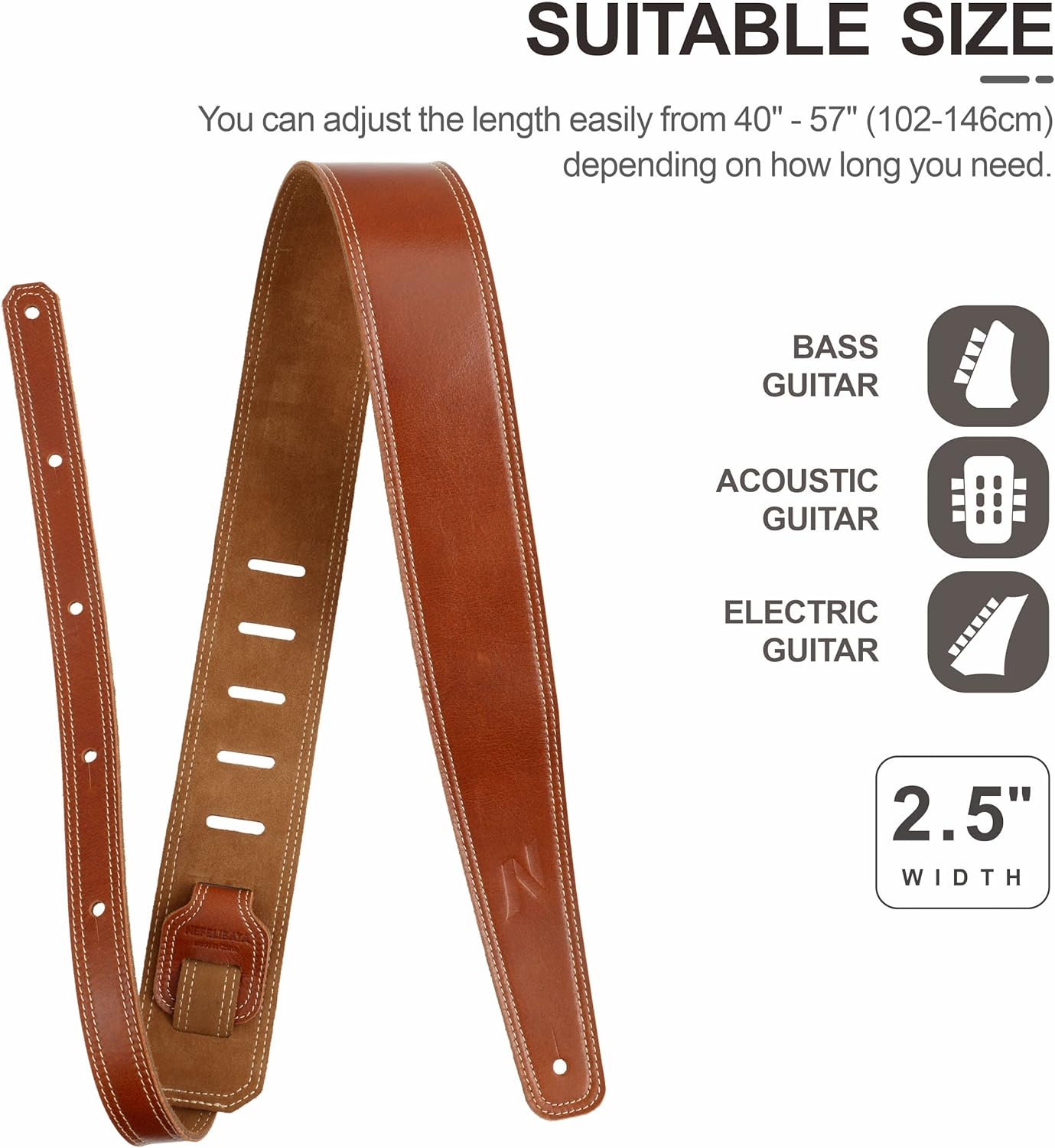 Nefelibata Guitar Strap, 2.5" Full Grain Leather Guitar Straps with Foam Padding and Cable Storage Loop, for Men and Women, for Acoustic, Bass and Electric Guitars-Reddish Brown