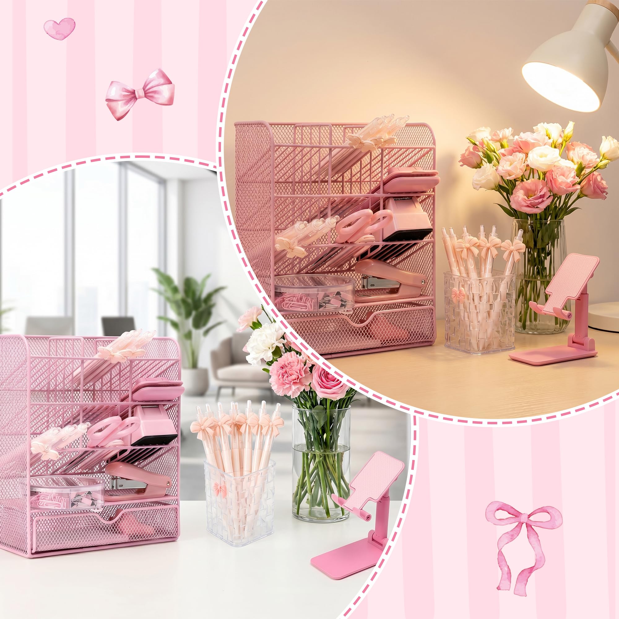 WATINC Accessori per organizer da scrivania rosa, 21 pezzi, per ufficio e scuola, con organizer da scrivania in rete, portapenne, dispenser per nastro, righello, clip, supporto per telefono, kit di