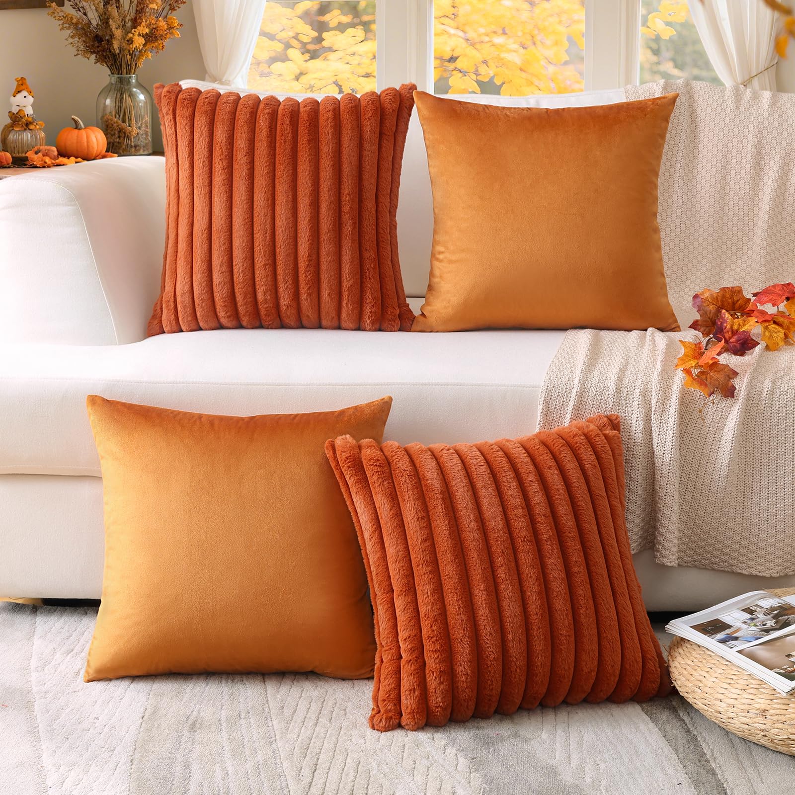 Sungeek Set of 4 Autumn Decorative Cushion Covers 60x60cm Soft Velvet Cozy Faux Rabbit Fur Striped Pillow Covers Orange Rust Fall Throw Pillow Cases Home Decor for Sofa Couch Bed Farmhouse Patio