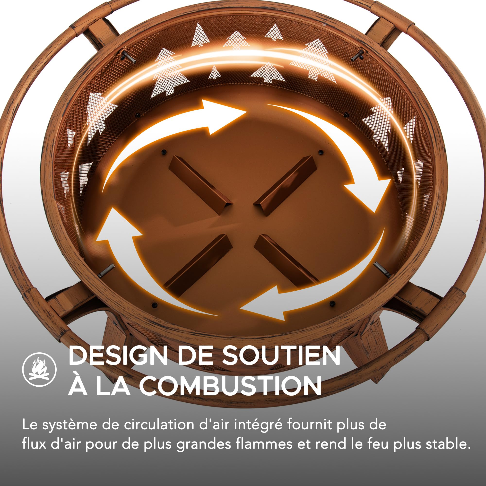 SUNJOY Foyer de Jardin, diamètre 76 cm, Brasero Rond en Acier avec Grille Pare-étincelles et tisonnier, Foyer à Bois d'extérieur pour terrasse, Couleur cuivre, Design Sapin de Noël