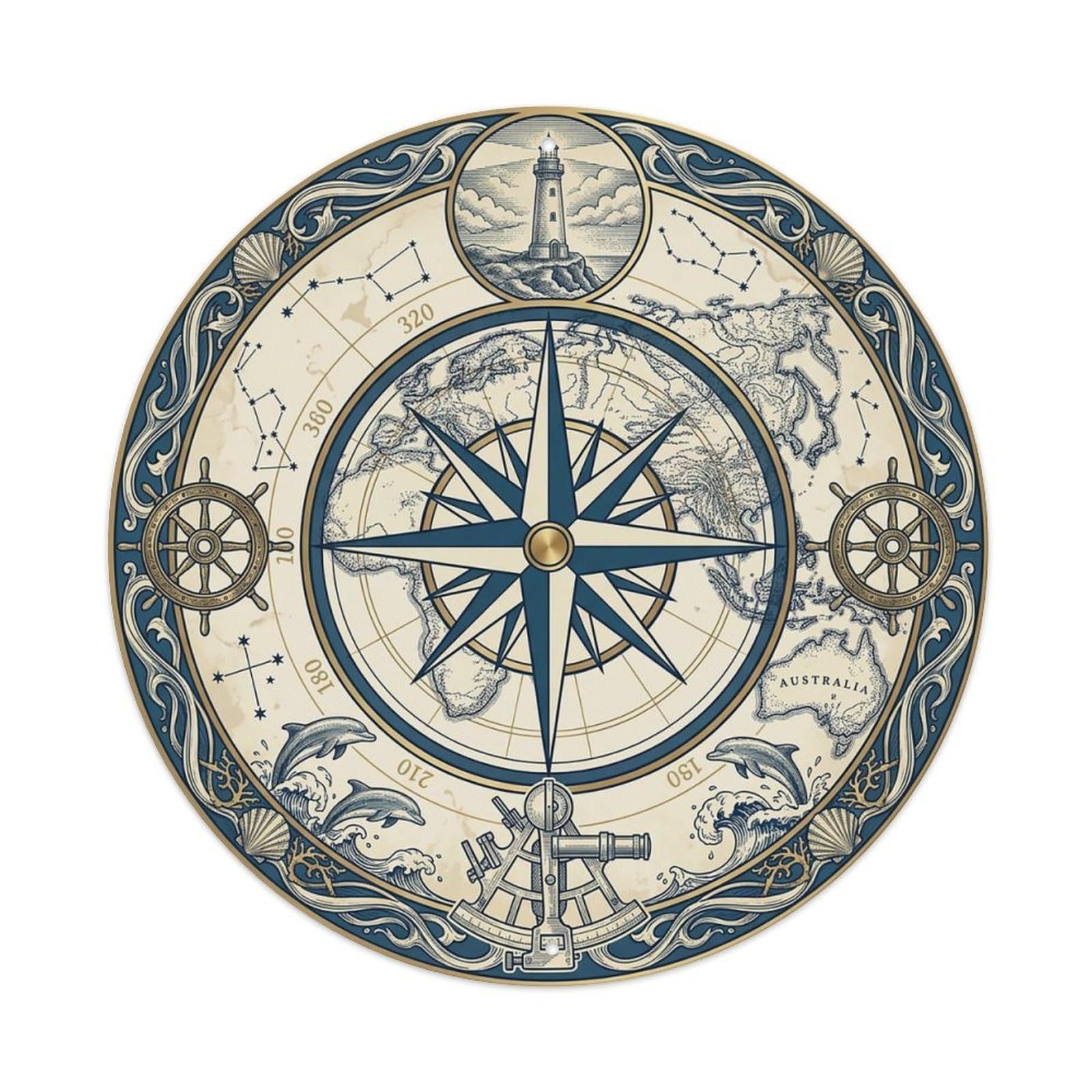Vintage Nautical Compass World Map Ocean Navigation Metal Tin Sign