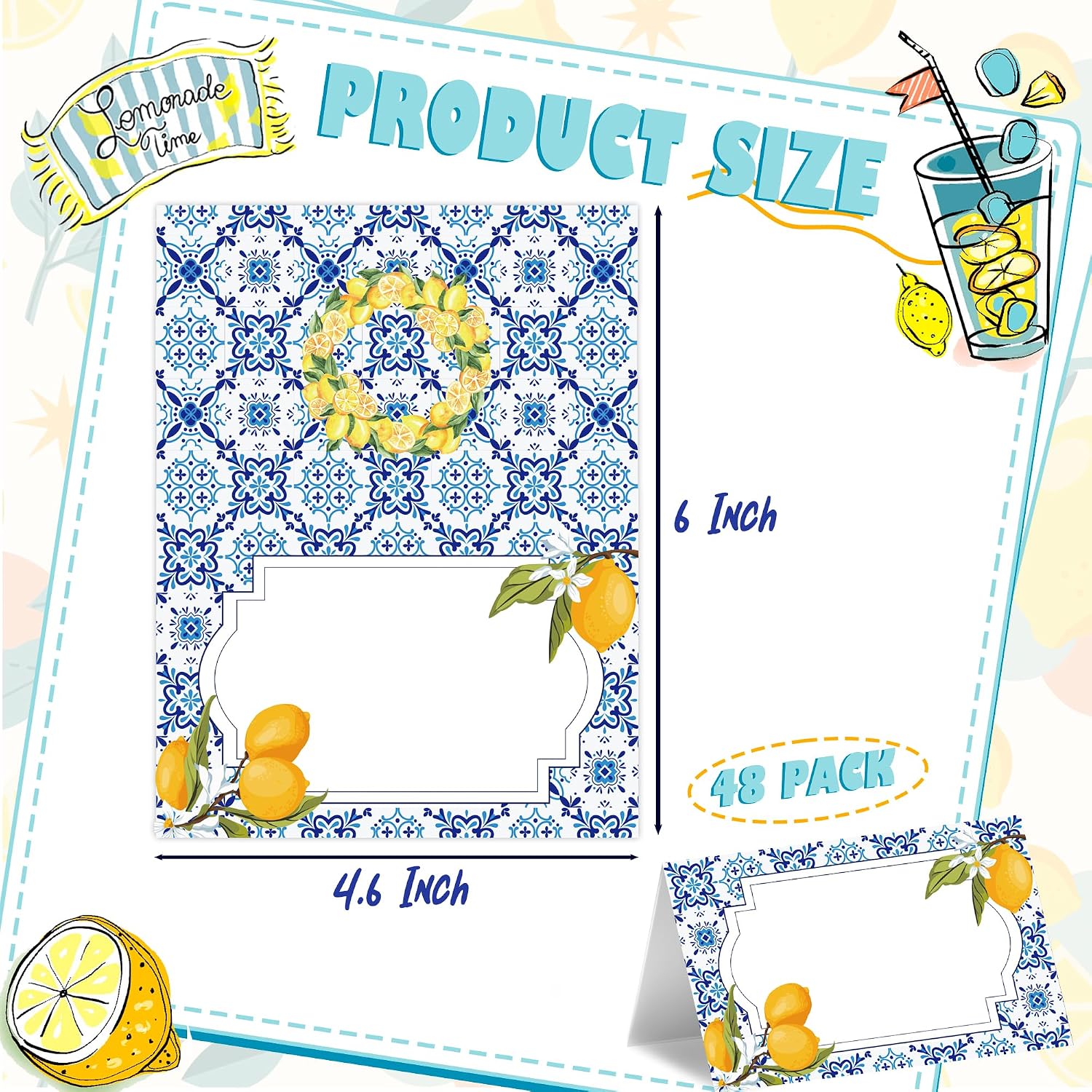 JESTAR 48Pcs Capri Lemon Place Cards Name Cards for Table Setting Wedding Table Numbers Food Label for Party Buffet Italy Lemon Decor Amalfi Coast Party Decorations Tent Cards Birthday Bridal Shower