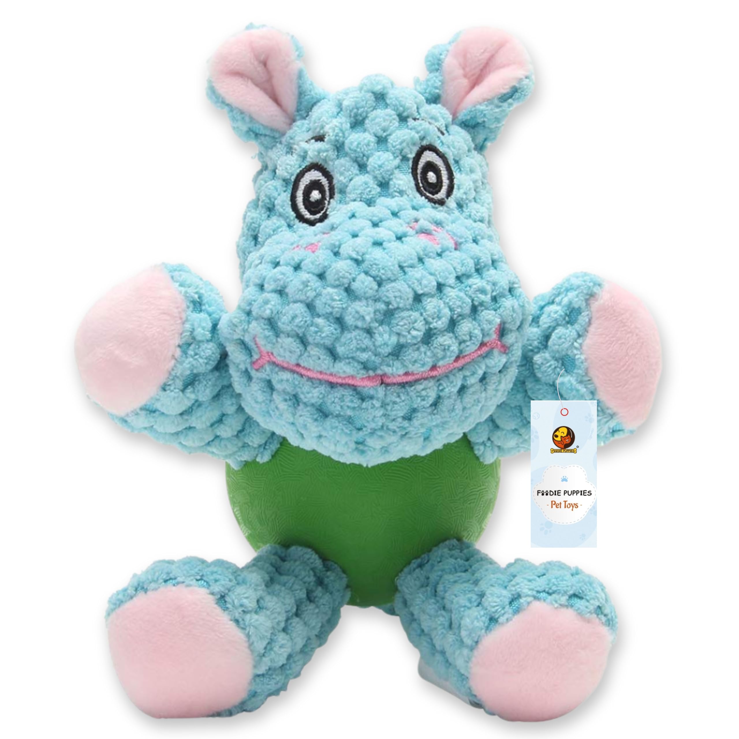 Foodie Puppies Interactive Dog Squeaky Plush Toy (Blue Hippo, Medium) | Cotton-Stuffed, Crinkle Paper, Rubber Vest Chew Toy for Teething, Cuddling, Playing & Training for Small to Medium Dogs (14cm)