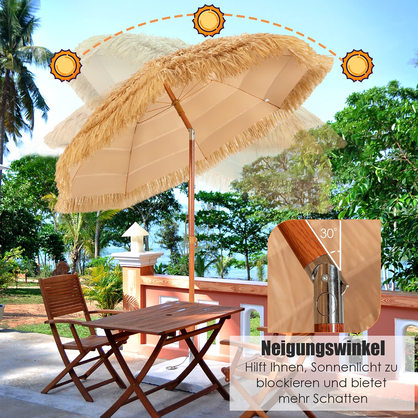 COSTWAY Sombrilla hawaiana, diámetro 175 cm, paja, plegable 30°, para jardín, balcón, playa, naturaleza