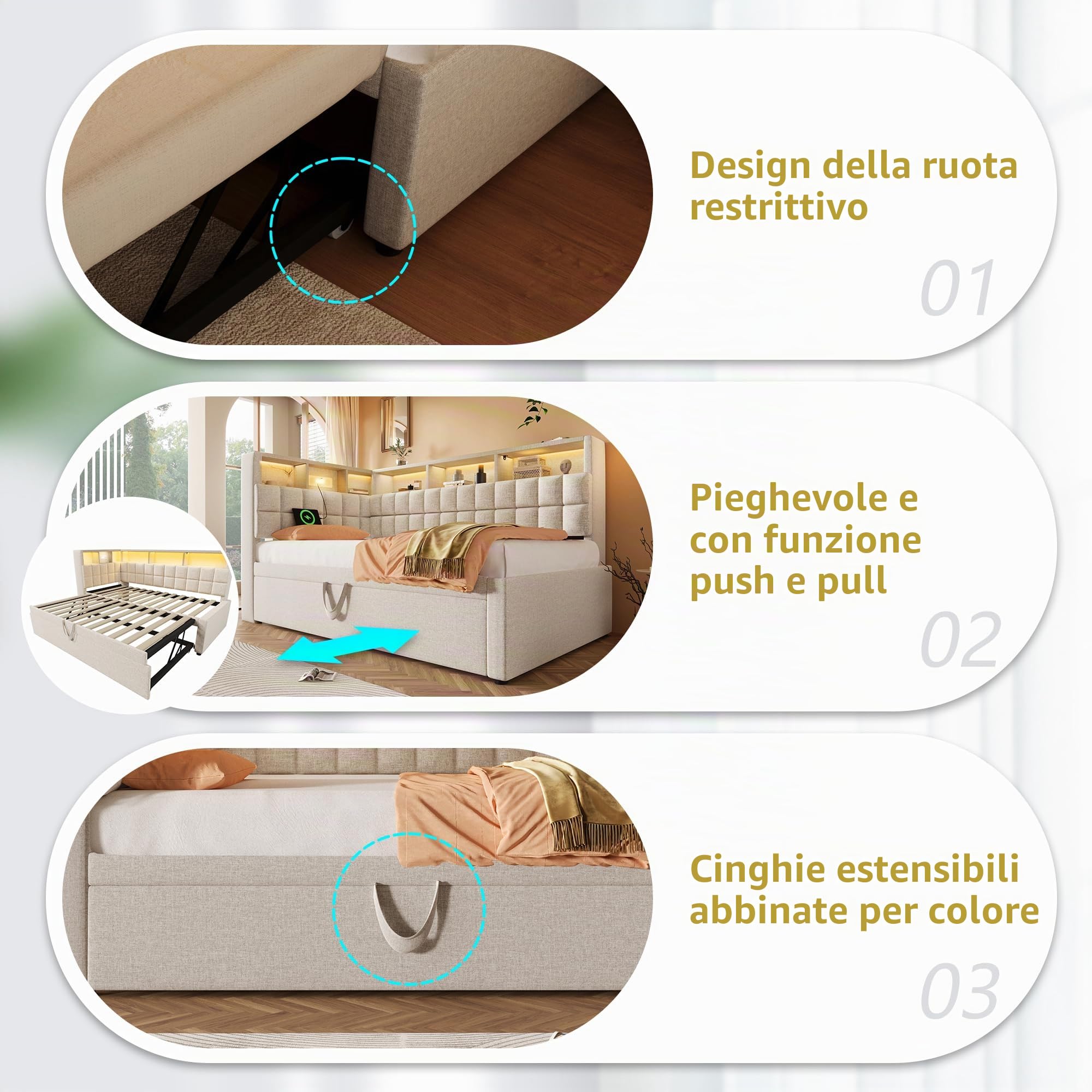 Letto imbottito in lino, 90 x 200 cm, con letto estraibile 90 x 190 cm, LED, altoparlante Bluetooth, porta di ricarica USB e tipo C, testiera a L con scaffalatura, divano letto/letto degli ospiti