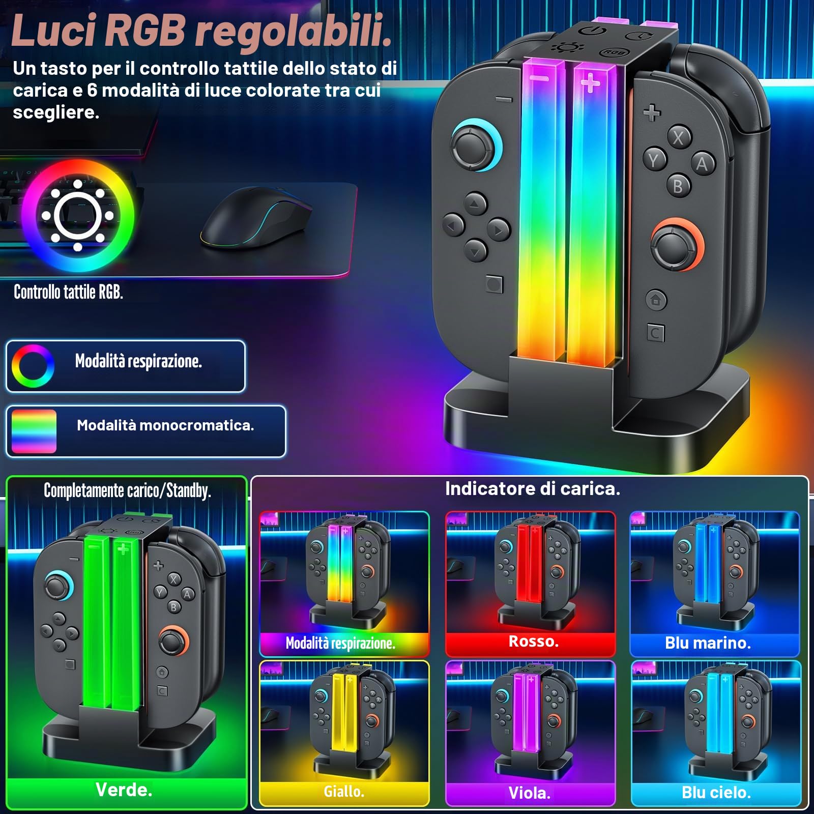 Stazione di ricarica per Switch 2 Joy cons, Caricatore di Joycon Compatibile con Nintendo Switch 2 Controller con 6 Modalità di Luce RGB e Funzione Timer