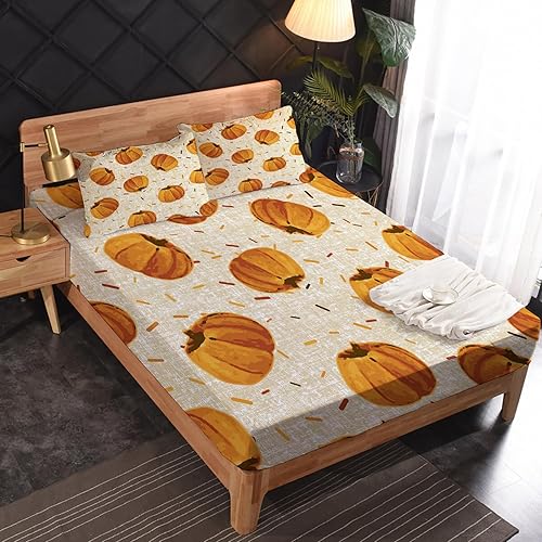 Miniatura 2 de Sábanas de Acción de Gracias tamaño Queen  Sábanas de cama de calabaza, microfibra suave y bolsillo profundo, sábanas y fundas de almohada