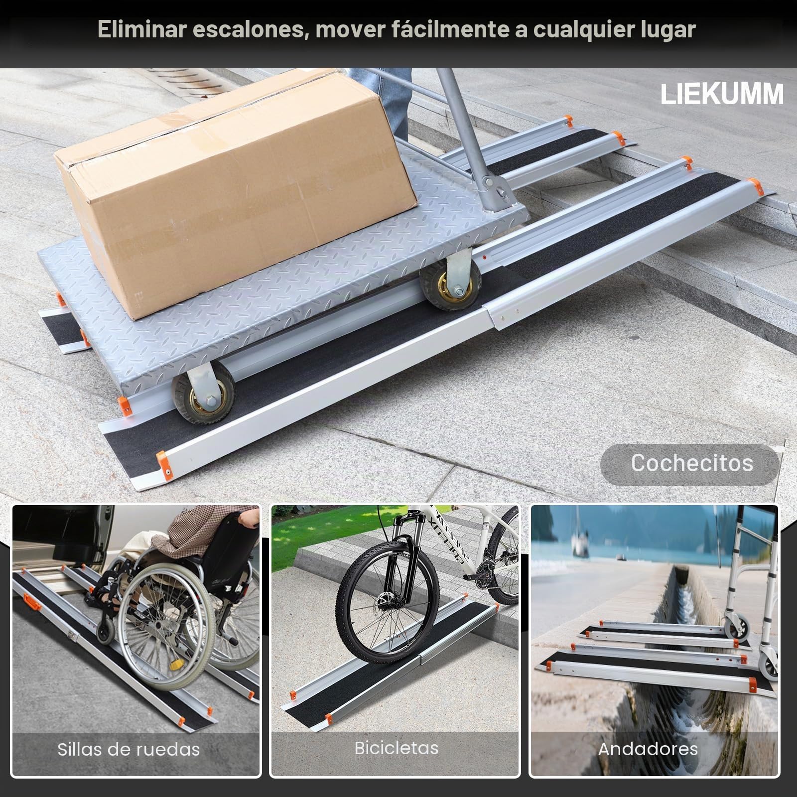 LIEKUMM 2 x 77,5-122,5 cm Rampas Telescópicas para Sillas de Ruedas, Capacidad Carga de 300 kg Rampa Silla de Ruedas Ajustable, Rampa de Acceso para Escaleras, Bordillos, Scooters y Bicicletas