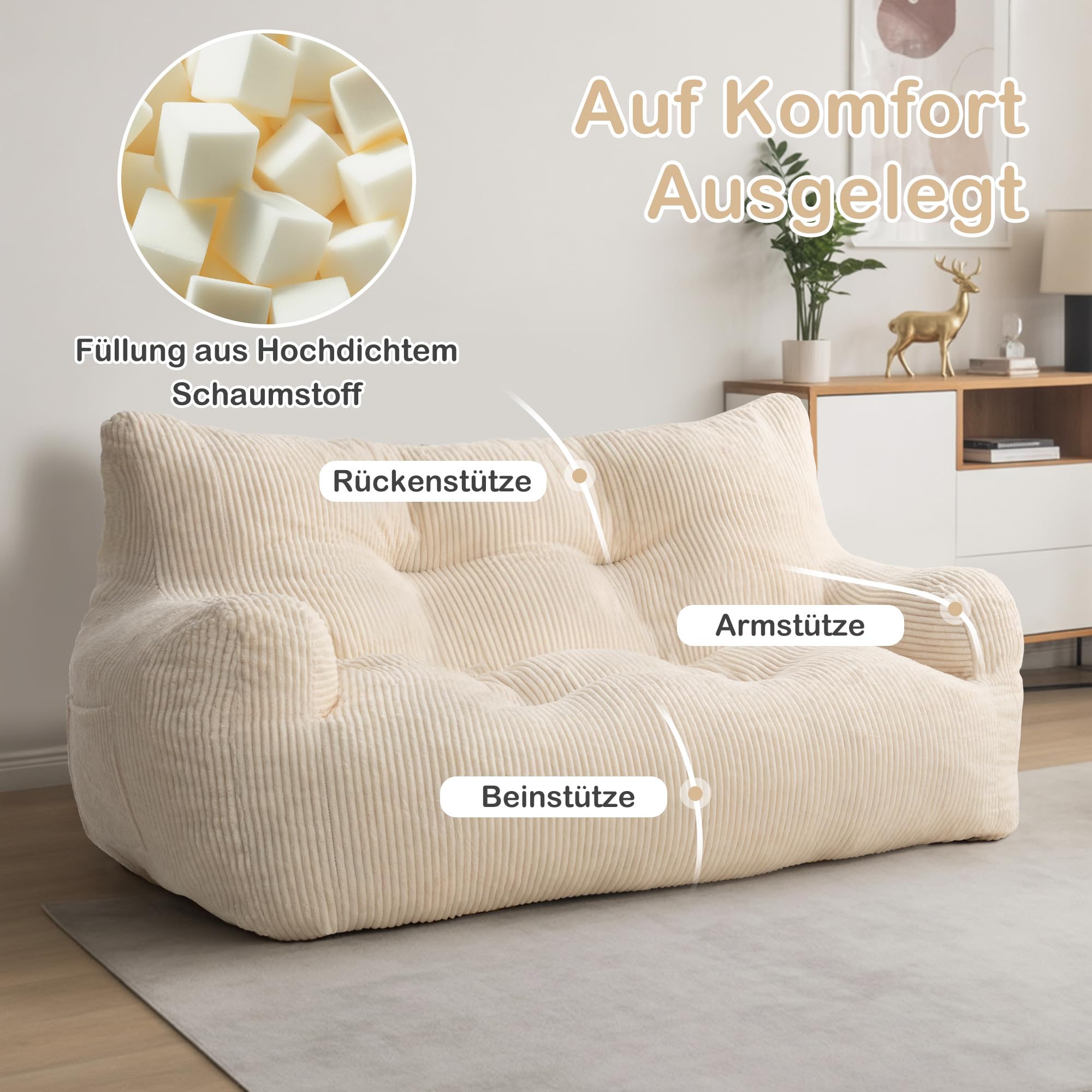Pamapic Sitzsack, Sitzsack Erwachsene mit Füllung, Doppeltes Lounge Sessel mit Tragbarem Griff, Modernes Ergonomisches BeanBag, Indoor Sitzsäcke Stuhl für Wohnzimmer, Schlafzimmer, Spielzimmer, Beige