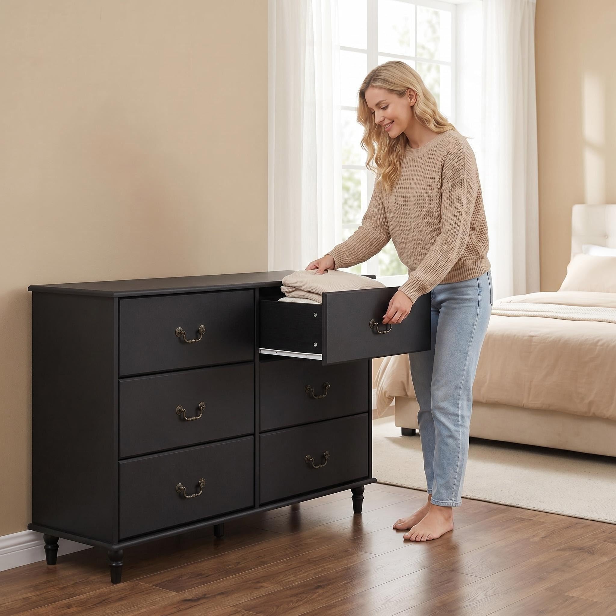 MAIYORIAT Farmhouse 6 Drawers Dresser for Bedroom Black